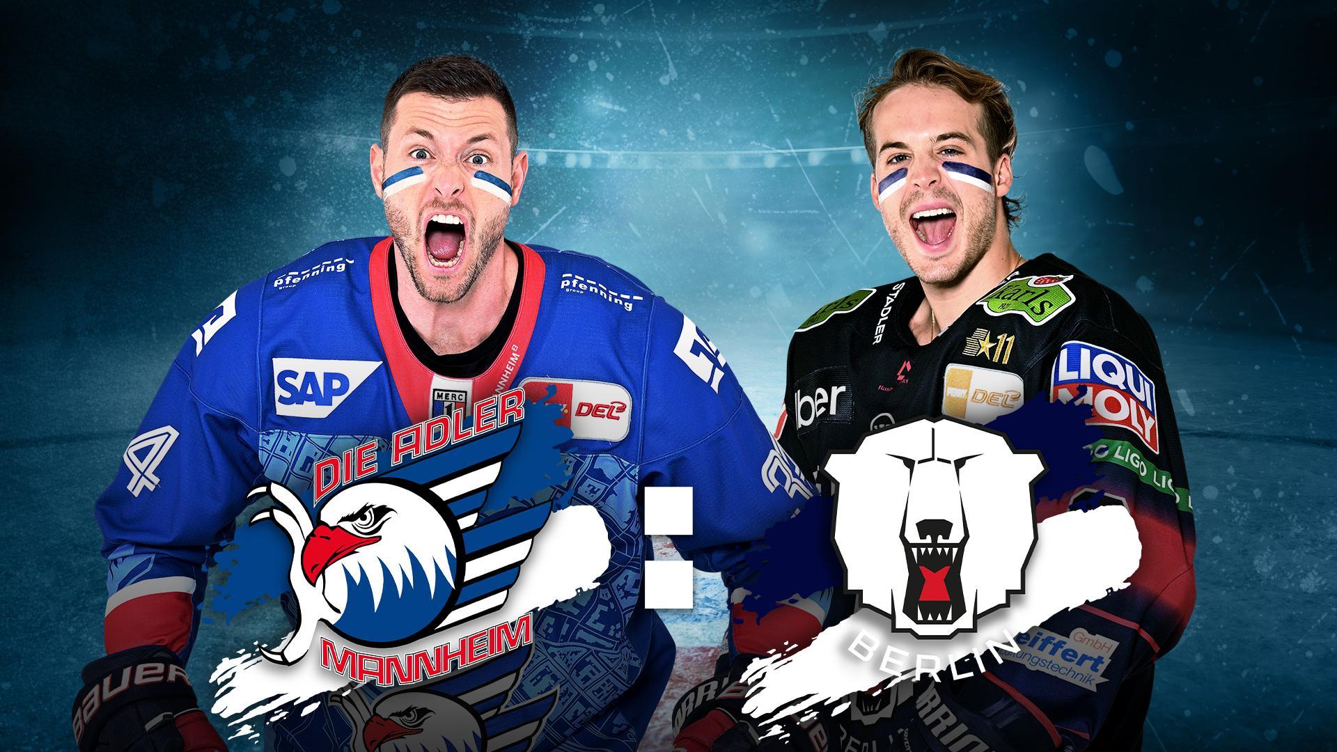 Werbemotiv mit den Spielern von Adler Mannheim und den Eisbären Berlin mit Vereinslogos